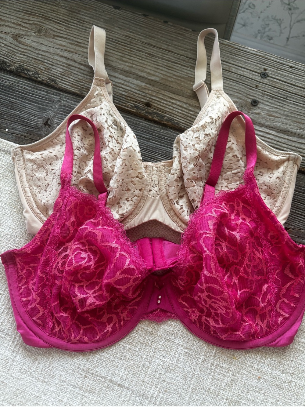 2 Women’s Lace Underwire Bras - Fuchsia and Beige